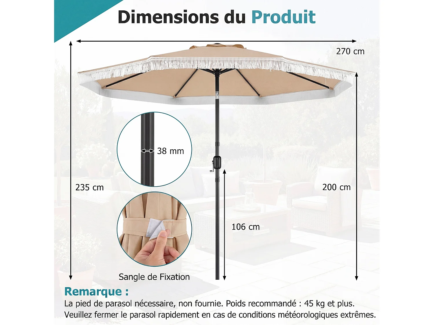 Parasol jardin 270cm, 8 baleines métal, polyester, franges, inclinable, beige