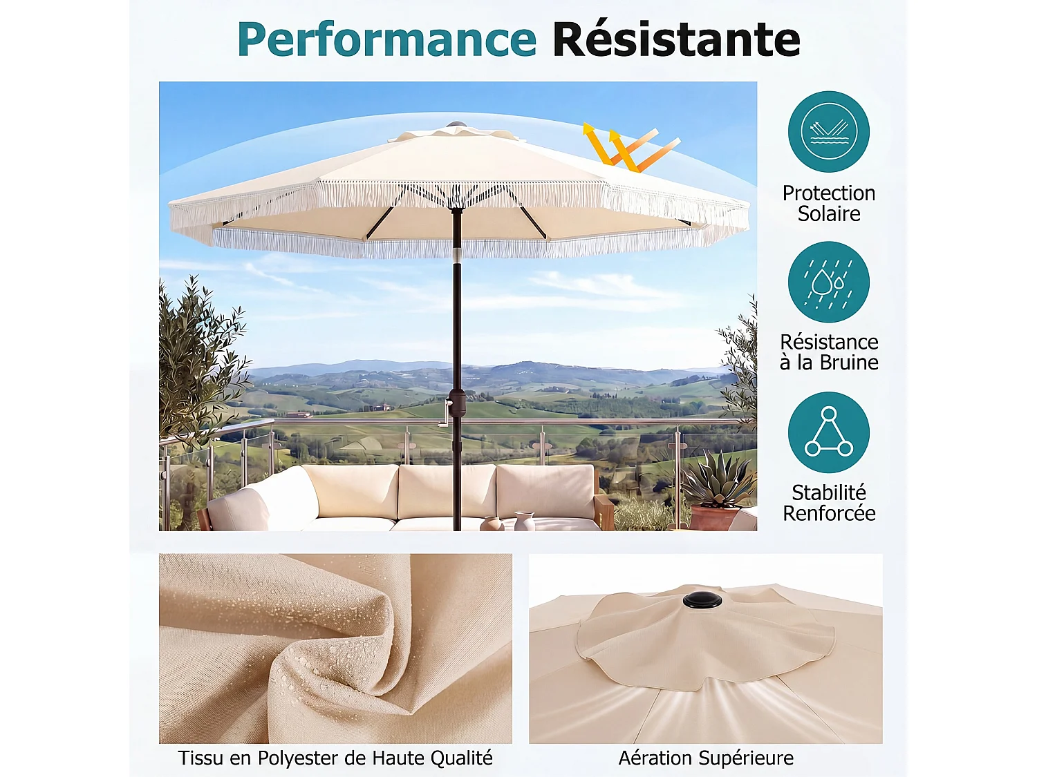 Parasol jardin 270cm, 8 baleines métal, polyester, franges, inclinable, beige