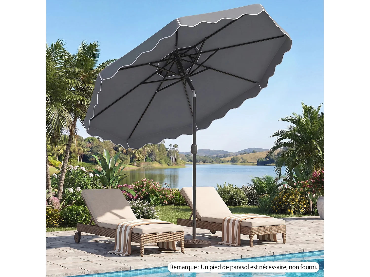 Parasol 300x260CM Extérieur, Réglable, Inclinable 30° Double Sens, Sans Base, Gris