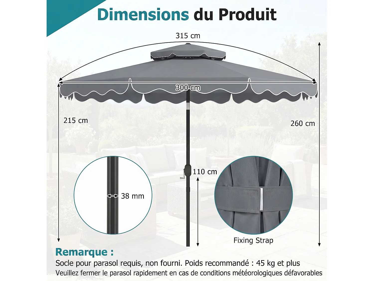 Parasol 300x260CM Extérieur, Réglable, Inclinable 30° Double Sens, Sans Base, Gris