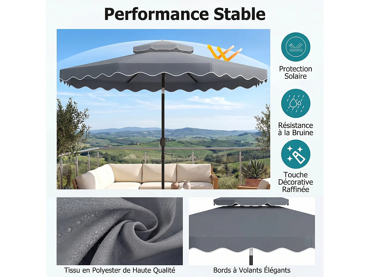 Parasol 300x260CM Extérieur, Réglable, Inclinable 30° Double Sens, Sans Base, Gris