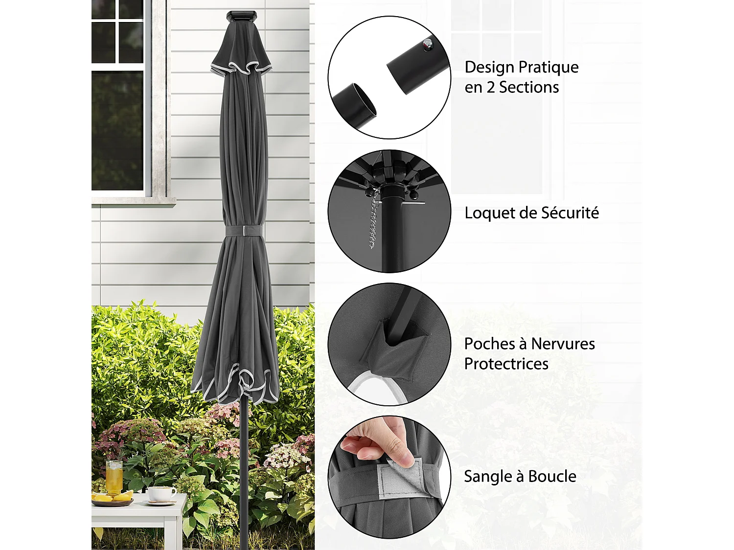 Parasol Patio 3m, 24 LED, manivelle, inclinable, polyester, gris