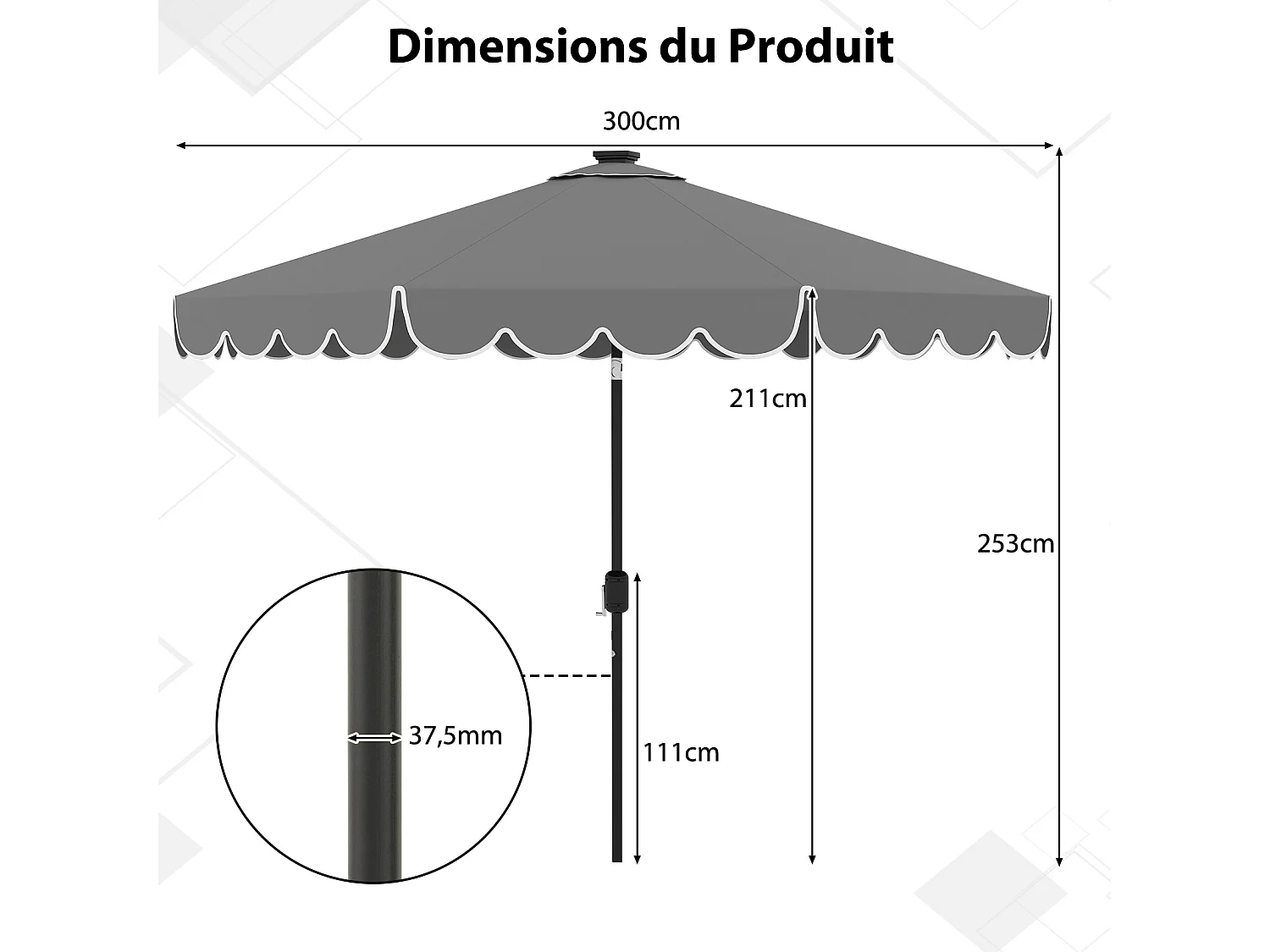 Parasol Patio 3m, 24 LED, manivelle, inclinable, polyester, gris
