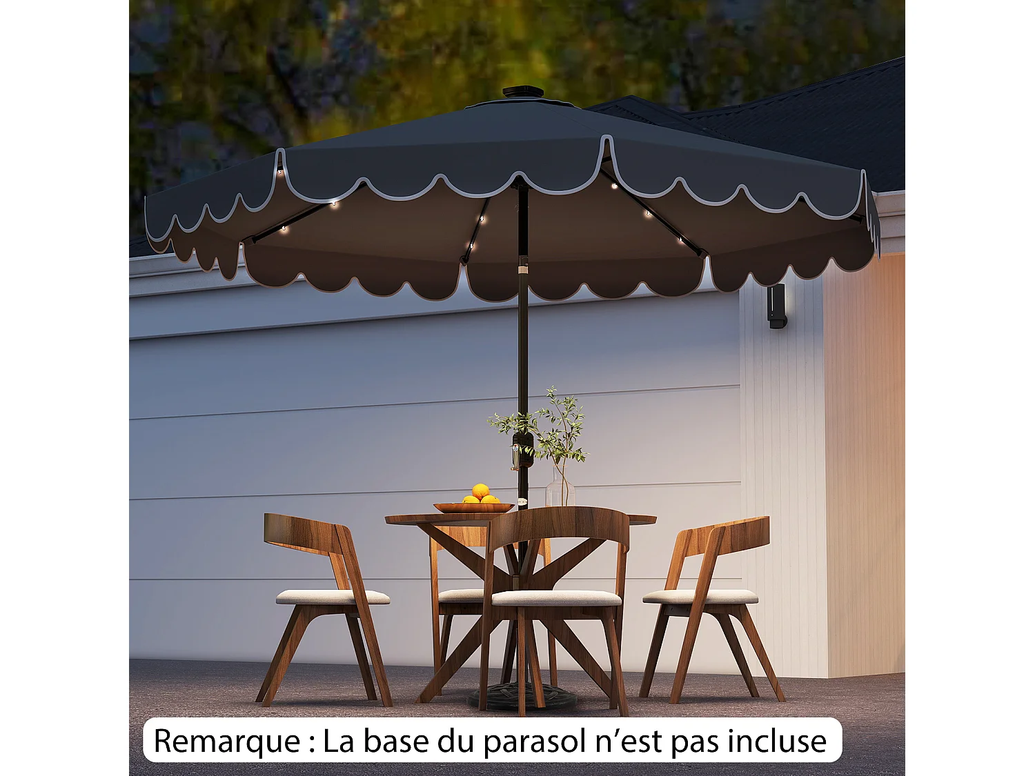 Parasol Patio 3m, 24 LED, manivelle, inclinable, polyester, gris
