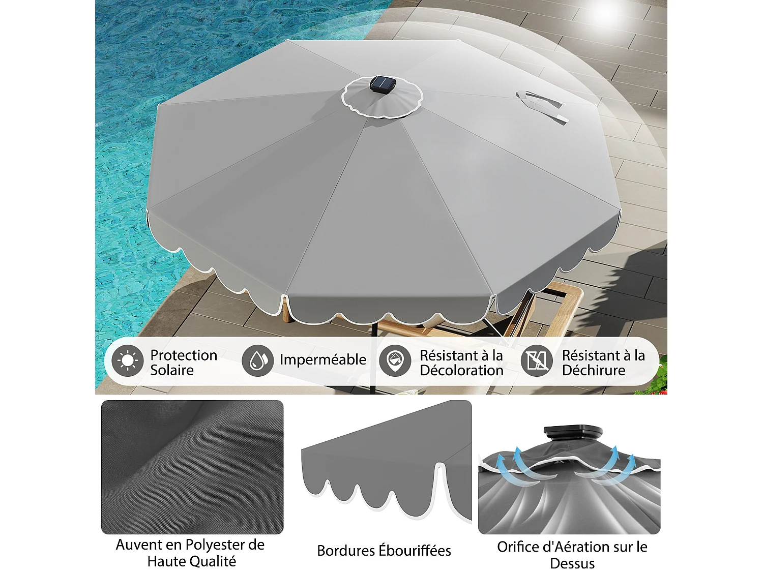 Parasol Patio 3m, 24 LED, manivelle, inclinable, polyester, gris