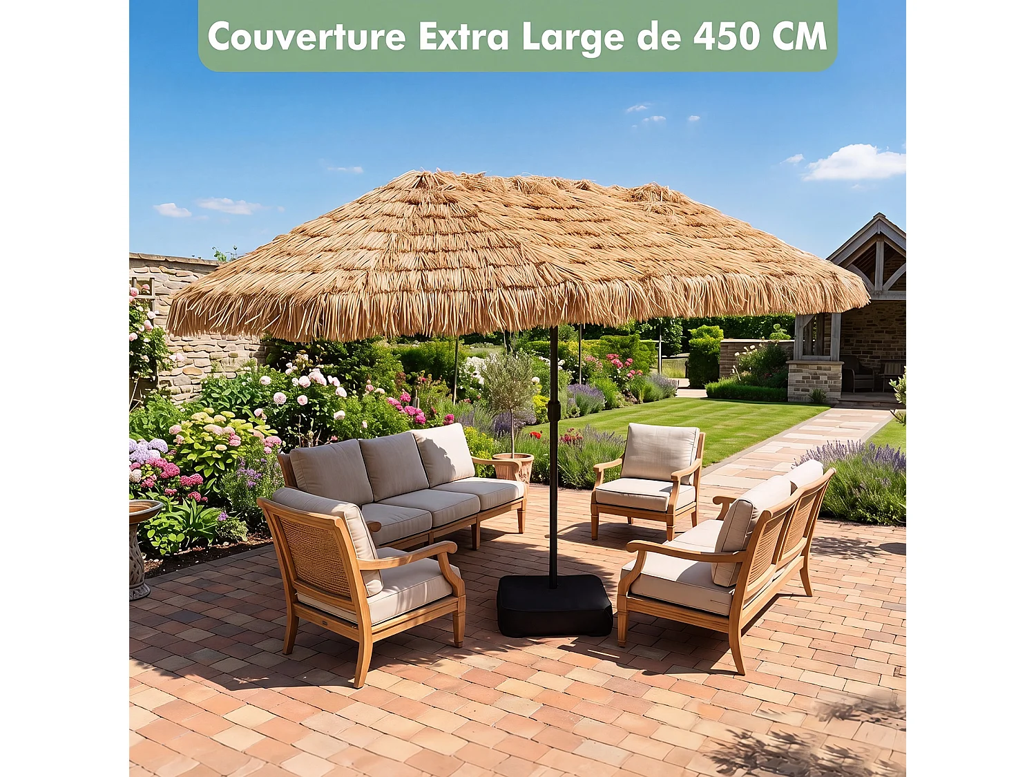Parasol tropical paille 4,5×2,7m lumineux, manivelle, 12 baleines