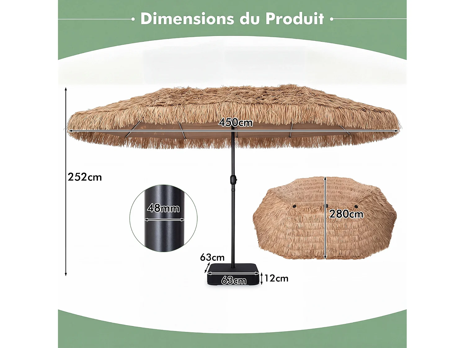 Parasol tropical paille 4,5×2,7m lumineux, manivelle, 12 baleines