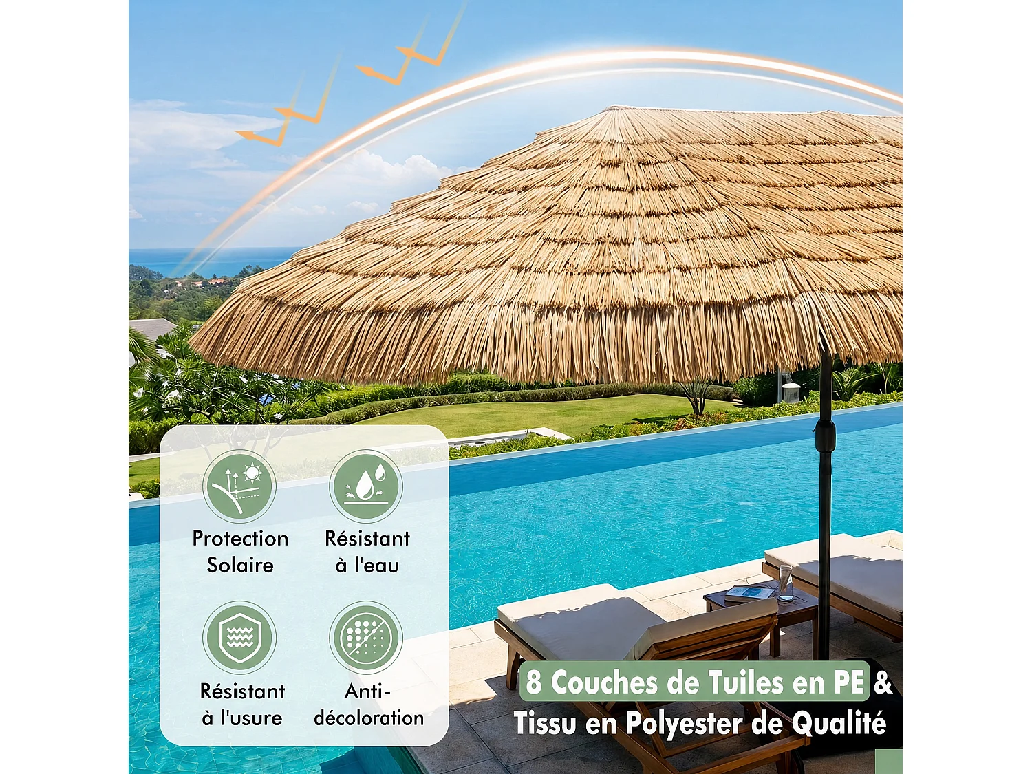 Parasol tropical paille 4,5×2,7m lumineux, manivelle, 12 baleines