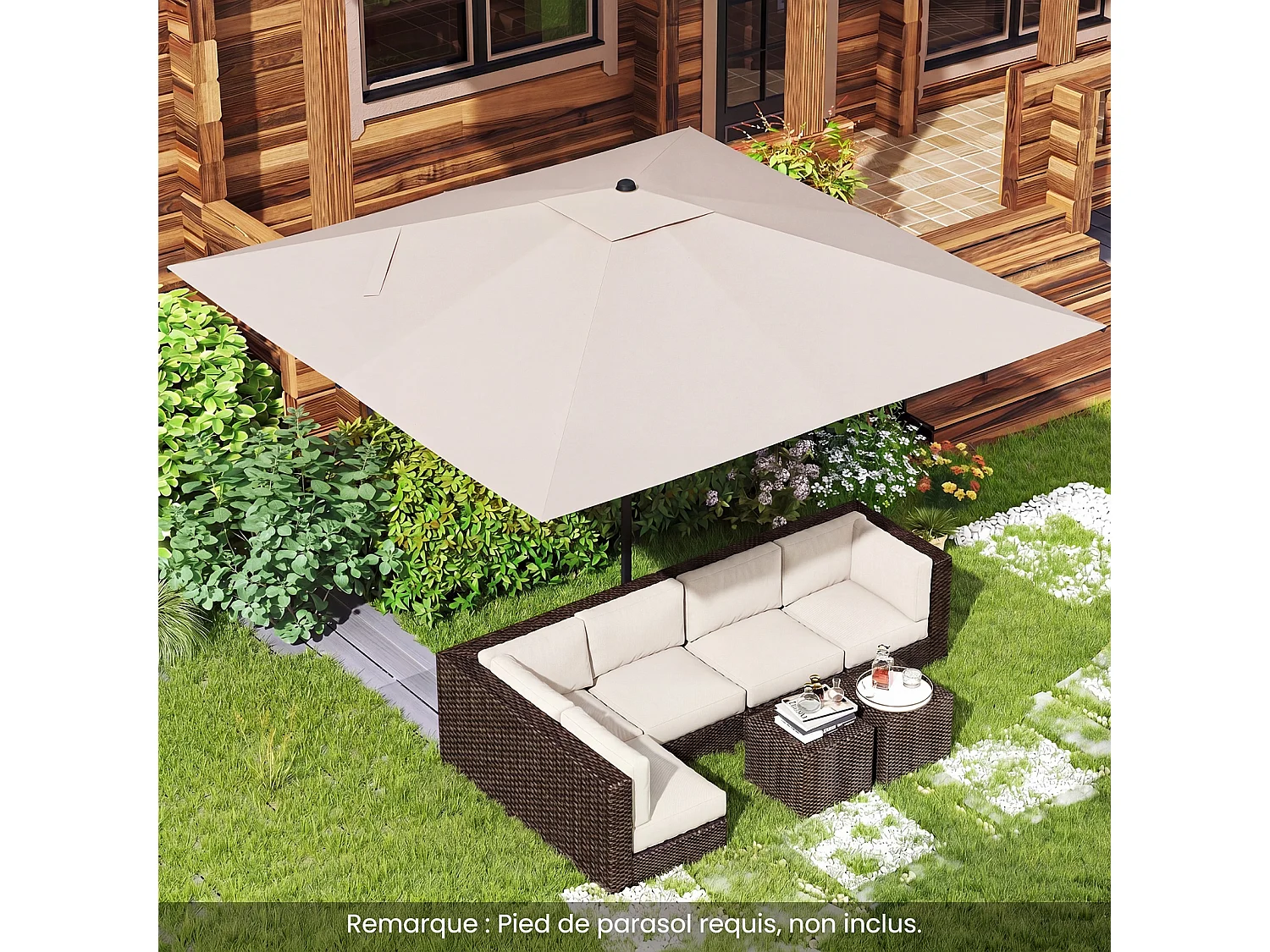Parasol rectangulaire 300×300cm, structure métal, mât démontable, sangles, beige