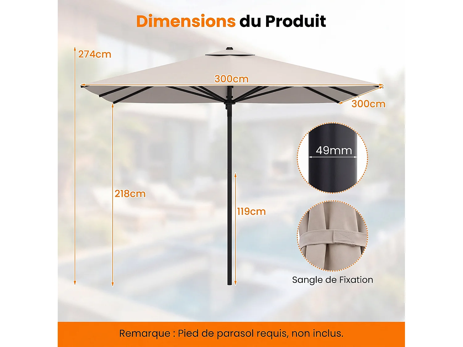 Parasol rectangulaire 300×300cm, structure métal, mât démontable, sangles, beige