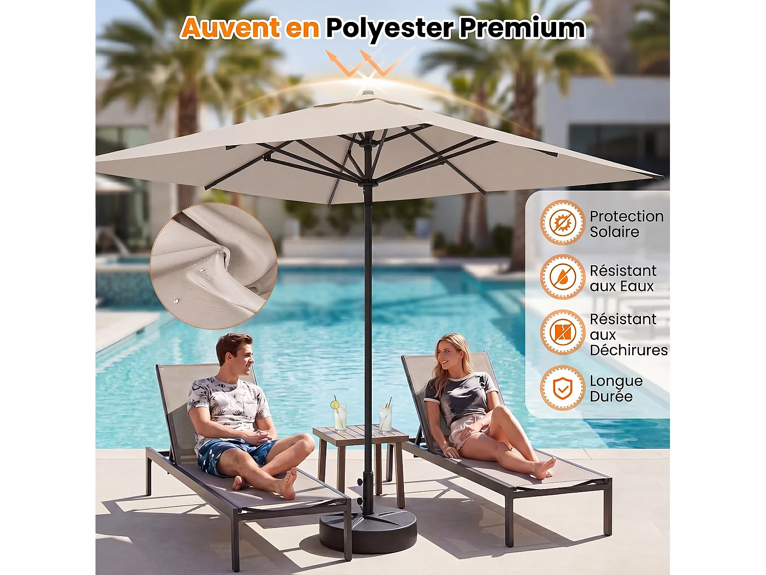 Parasol rectangulaire 300×300cm, structure métal, mât démontable, sangles, beige