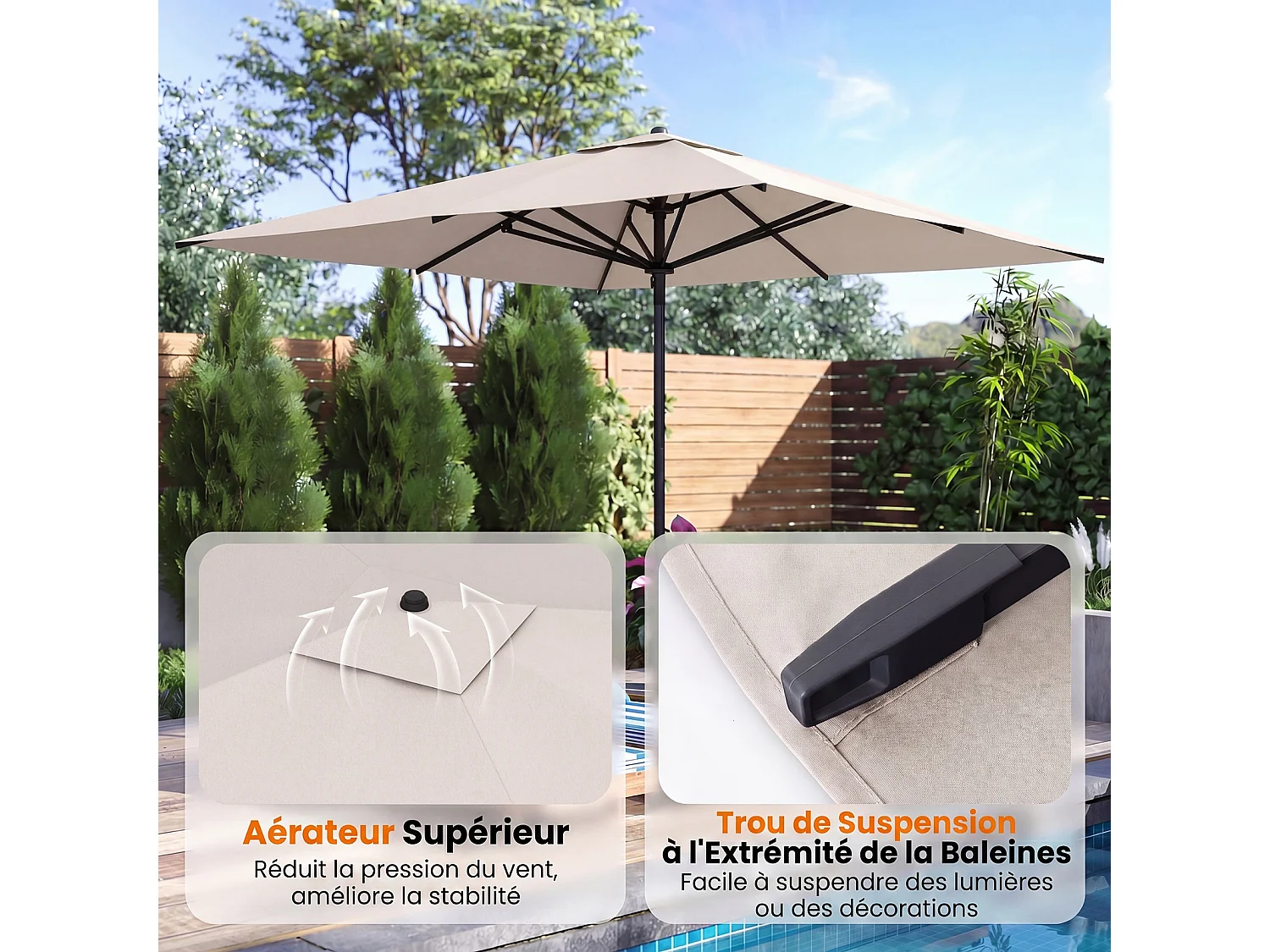 Parasol rectangulaire 300×300cm, structure métal, mât démontable, sangles, beige