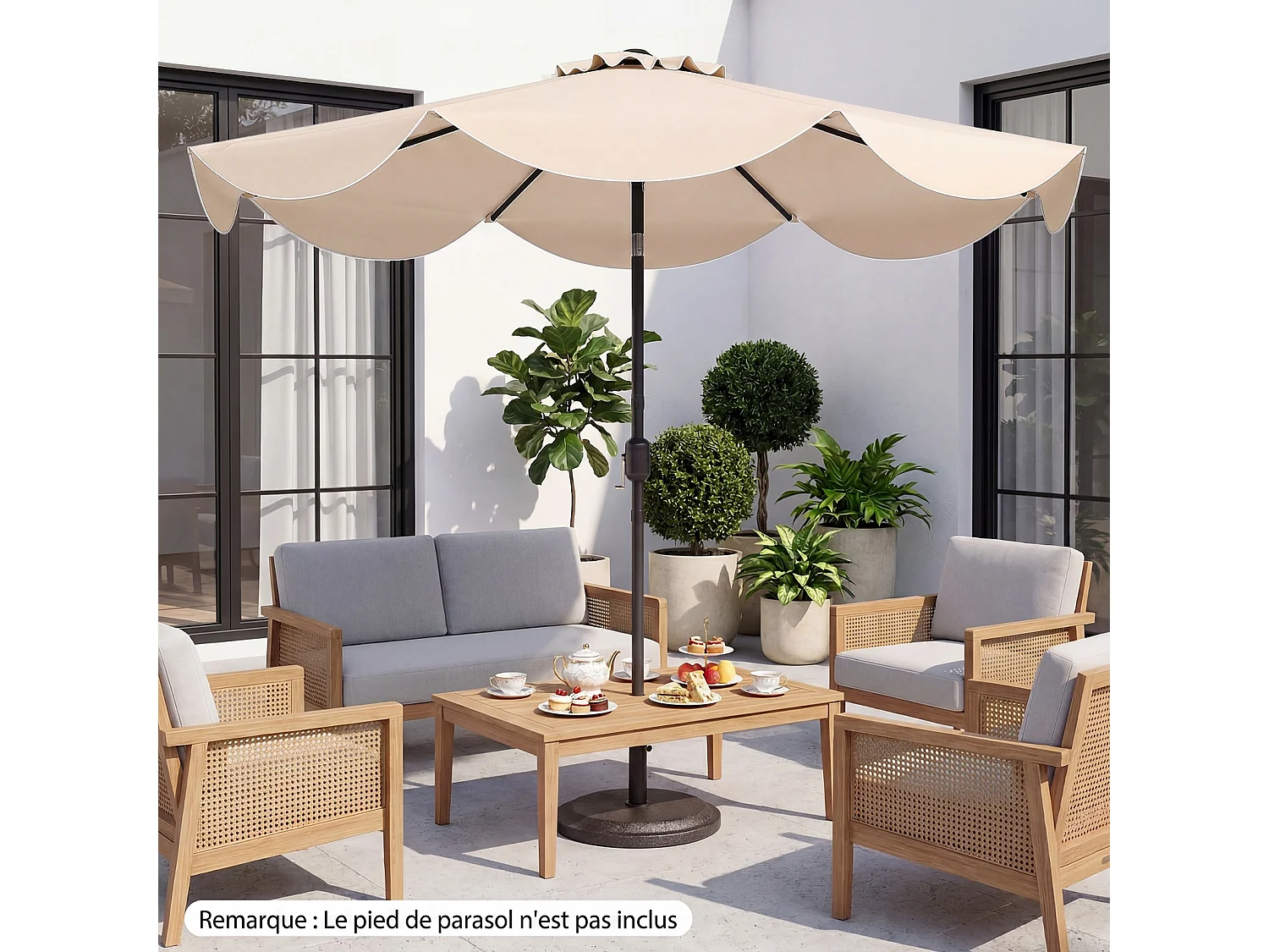 Parasol jardin 270cm, 8 baleines métal, polyester, volants, inclinable, manivelle, beige