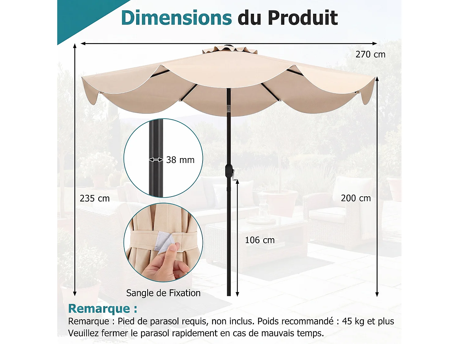 Parasol jardin 270cm, 8 baleines métal, polyester, volants, inclinable, manivelle, beige