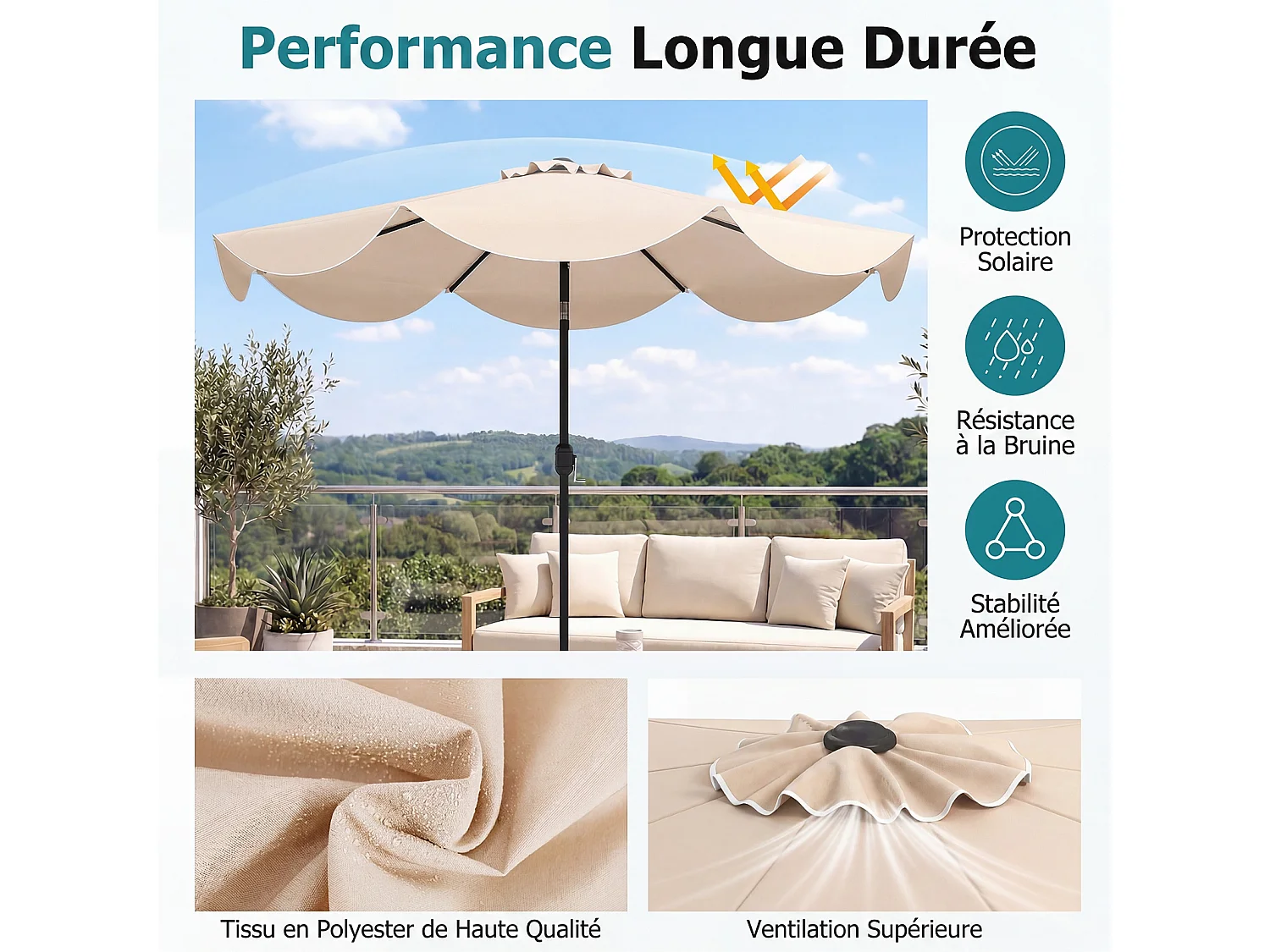 Parasol jardin 270cm, 8 baleines métal, polyester, volants, inclinable, manivelle, beige