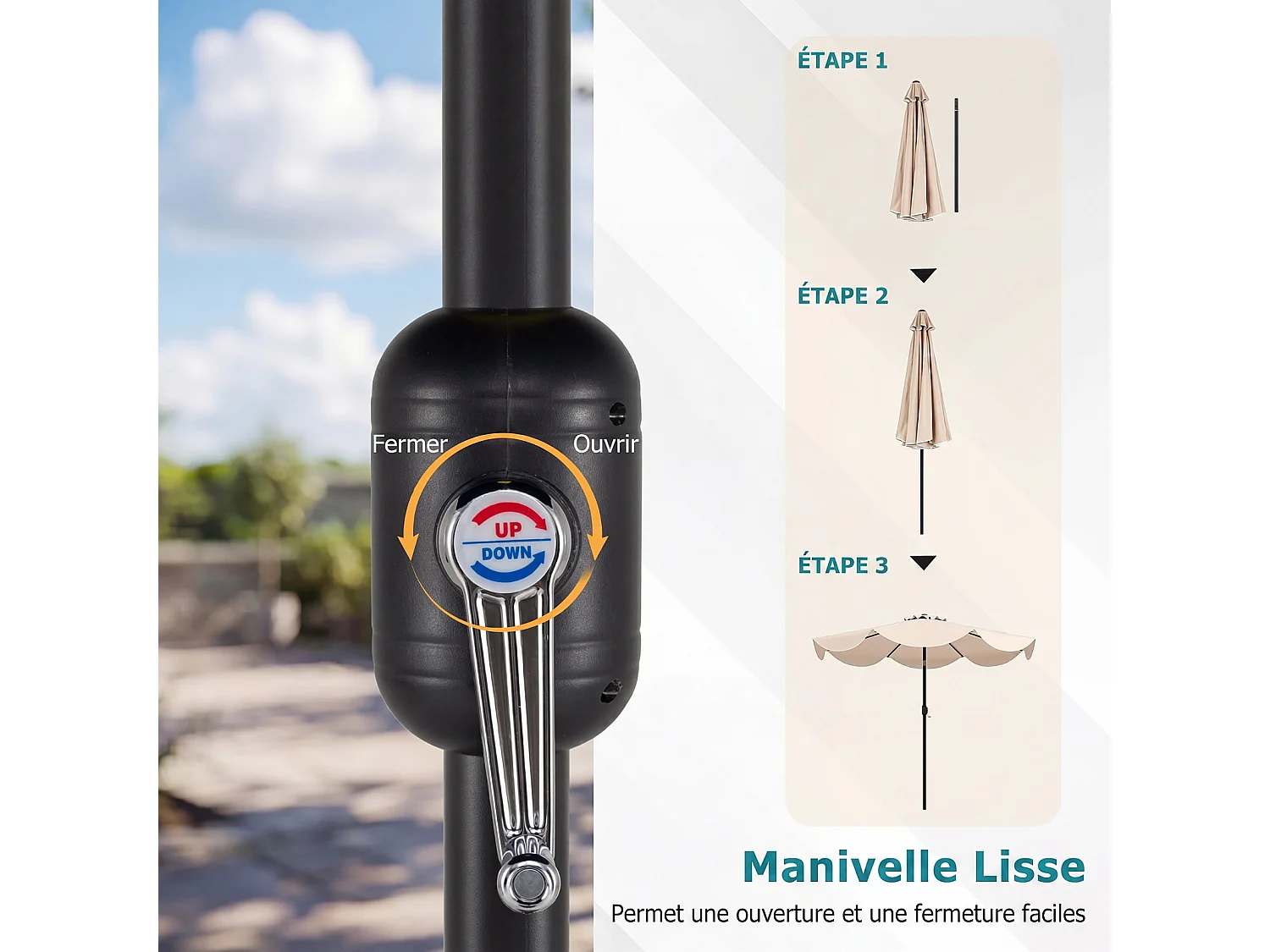 Parasol jardin 270cm, 8 baleines métal, polyester, volants, inclinable, manivelle, beige
