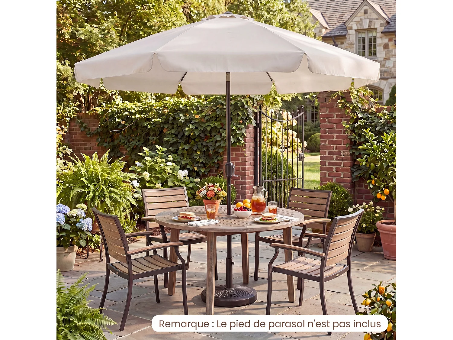 Parasol Jardin Poteau Hêtre, Inclinable 30°, 8 Baleines Fibre Verre, Bord Festonné, Beige