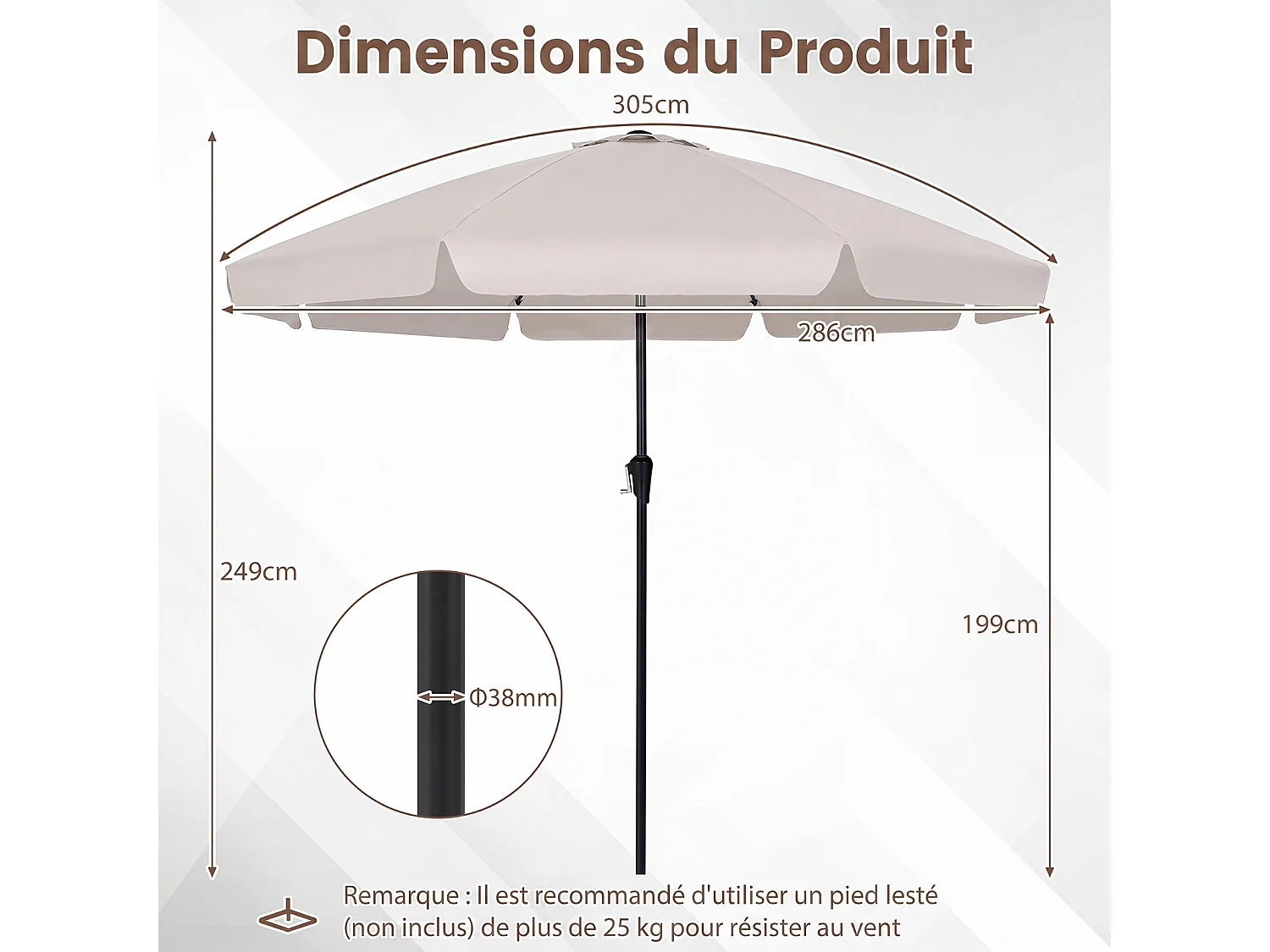 Parasol Jardin Poteau Hêtre, Inclinable 30°, 8 Baleines Fibre Verre, Bord Festonné, Beige