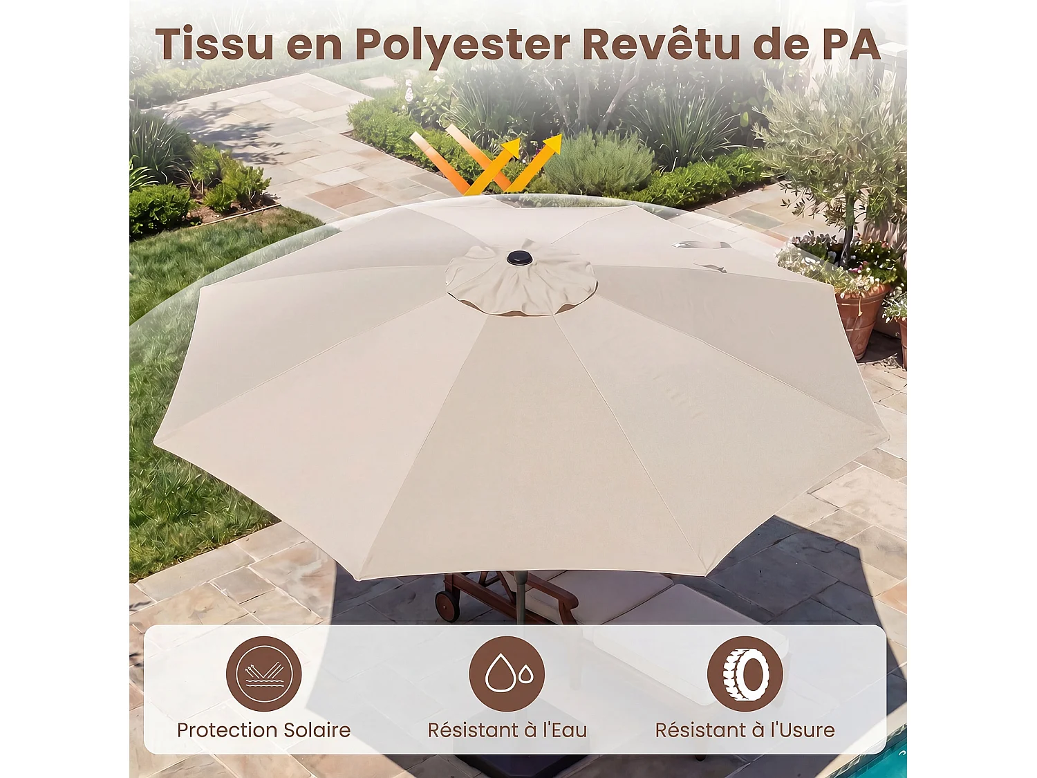 Parasol Jardin Poteau Hêtre, Inclinable 30°, 8 Baleines Fibre Verre, Bord Festonné, Beige