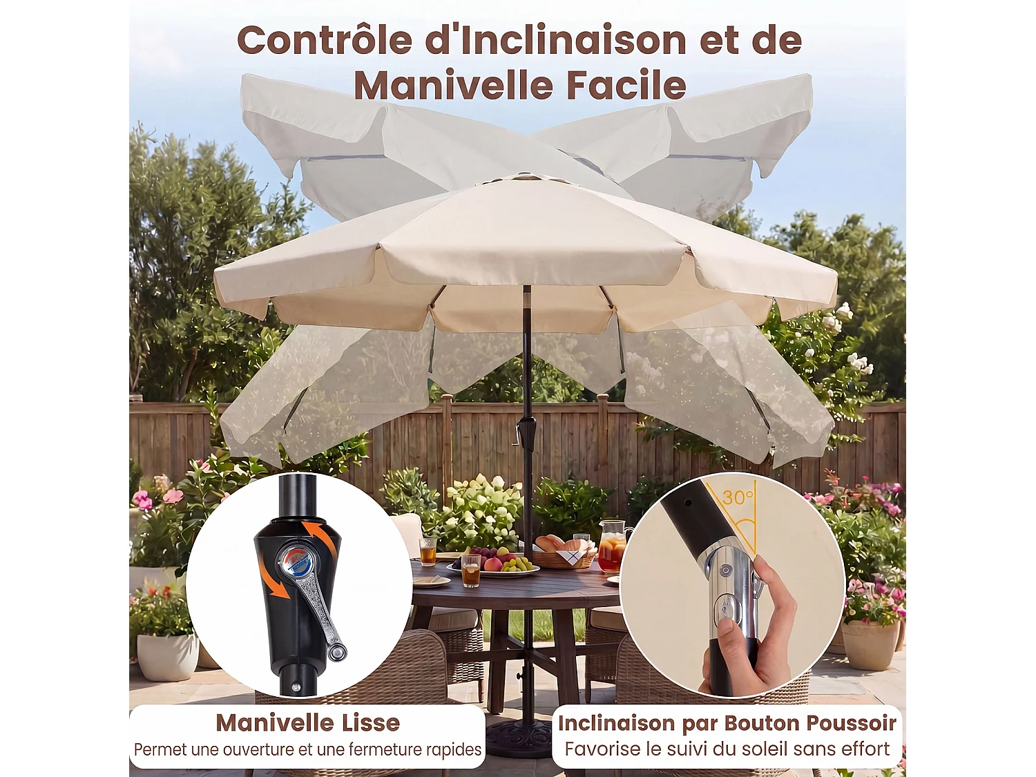 Parasol Jardin Poteau Hêtre, Inclinable 30°, 8 Baleines Fibre Verre, Bord Festonné, Beige