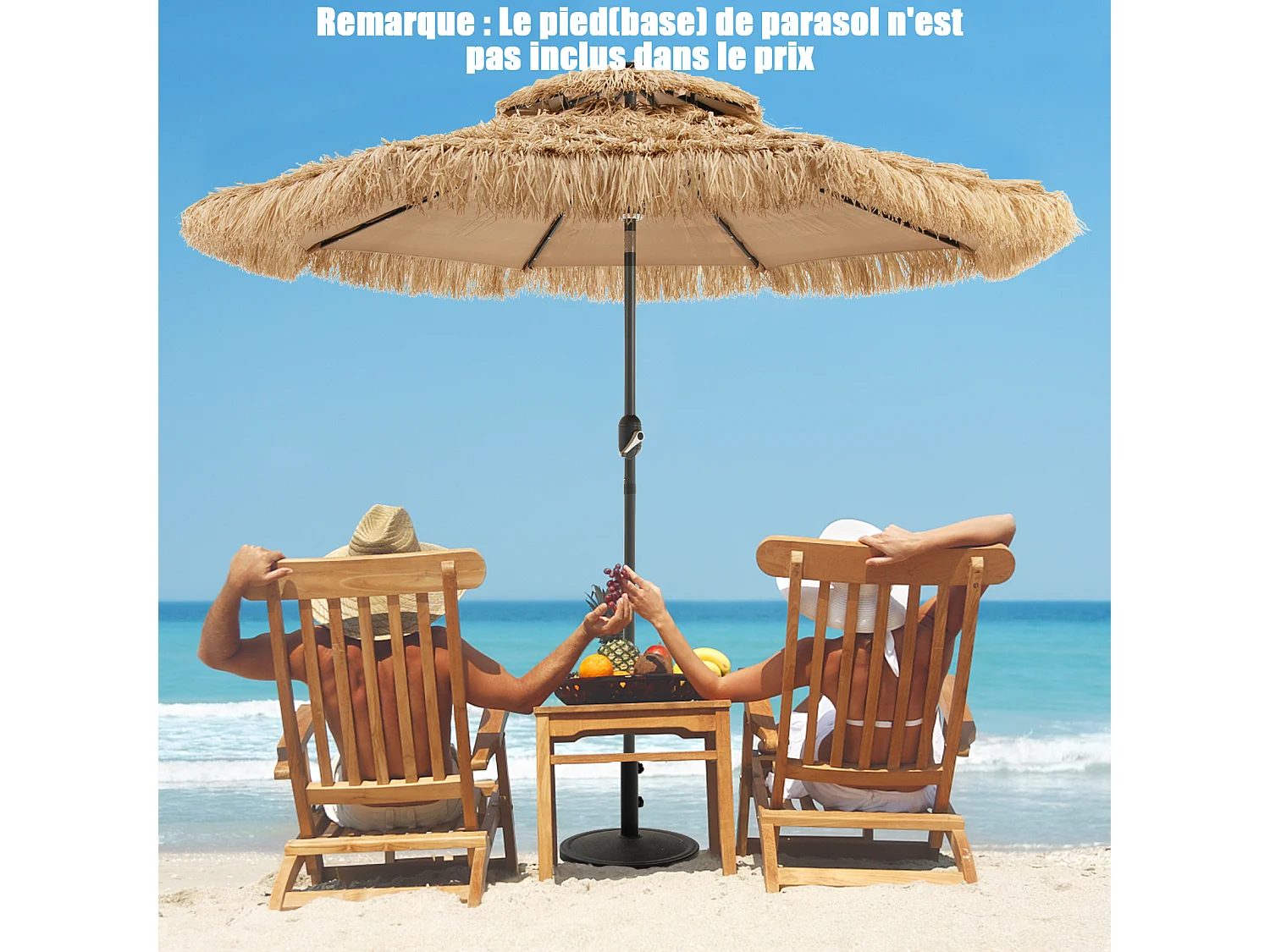 Parasol Paille Ø265CM Extérieur, 9 Couches PE, LED Solaire, Inclinable, Naturel