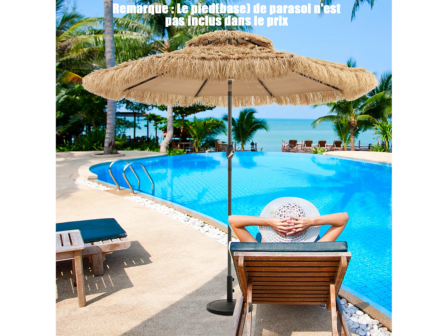 Parasol Paille Ø265CM Extérieur, 9 Couches PE, LED Solaire, Inclinable, Naturel
