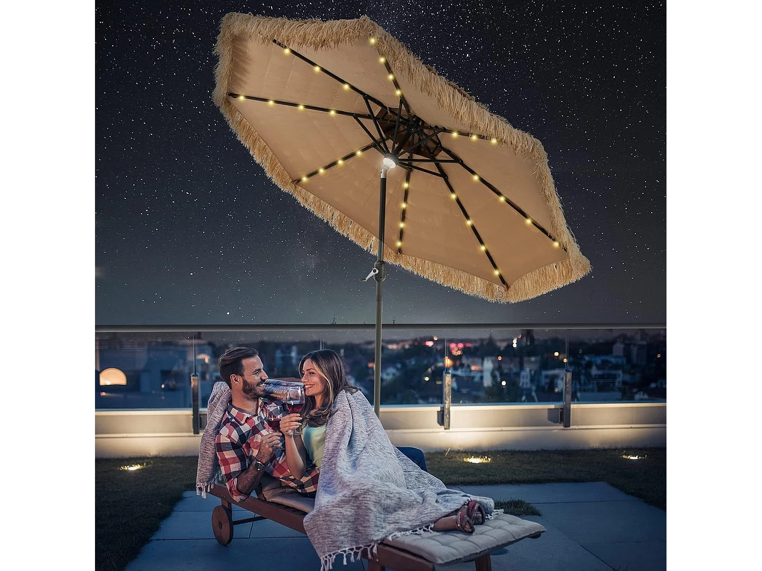 Parasol Paille Ø265CM Extérieur, 9 Couches PE, LED Solaire, Inclinable, Naturel