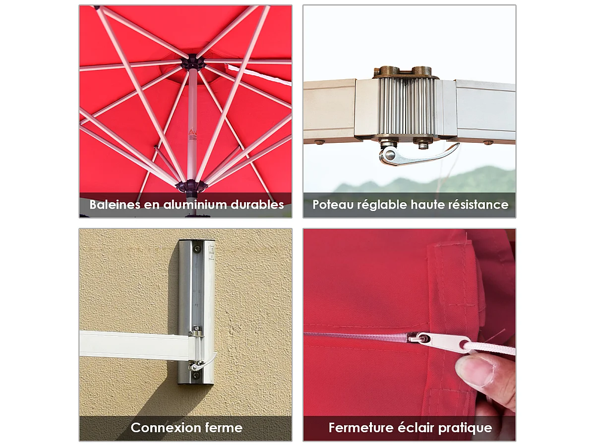 Parasol Mural aluminium Ø250cm, parasol balcon, mât réglable, rouge