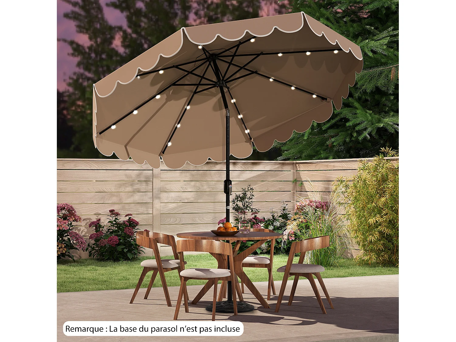 Parasol patio 3m, 24 LED, inclinable, manivelle, 8 nervures polyester, marron