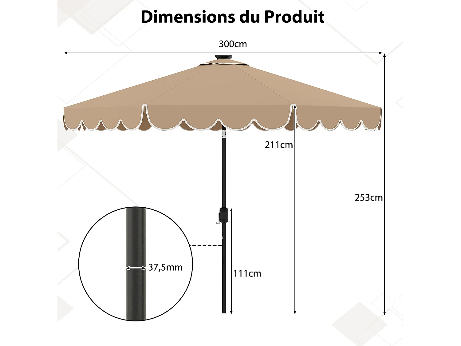 Parasol patio 3m, 24 LED, inclinable, manivelle, 8 nervures polyester, marron