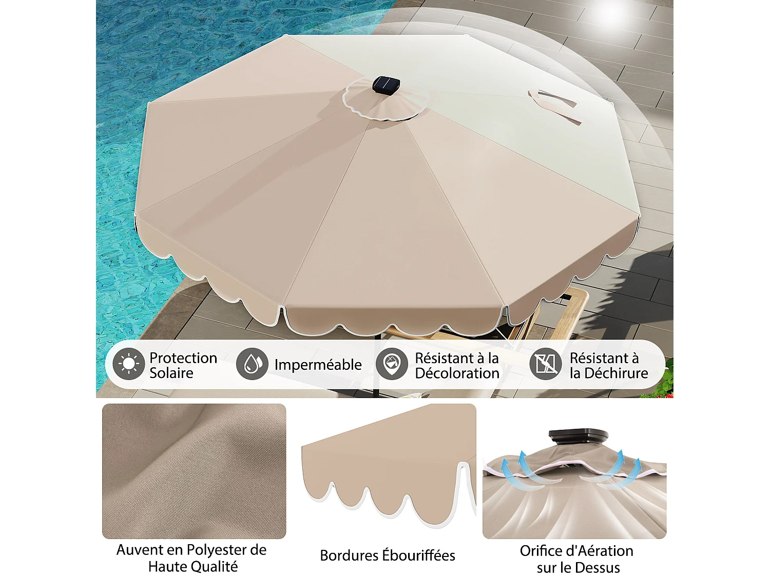 Parasol patio 3m, 24 LED, inclinable, manivelle, 8 nervures polyester, marron