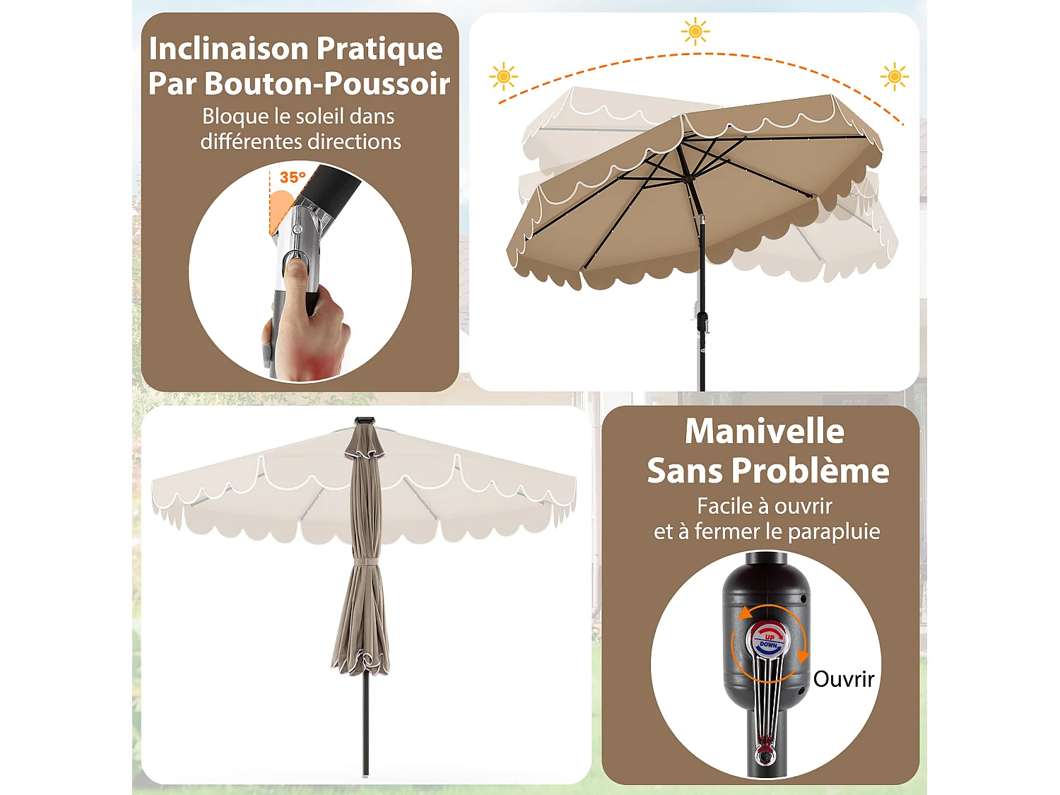Parasol patio 3m, 24 LED, inclinable, manivelle, 8 nervures polyester, marron