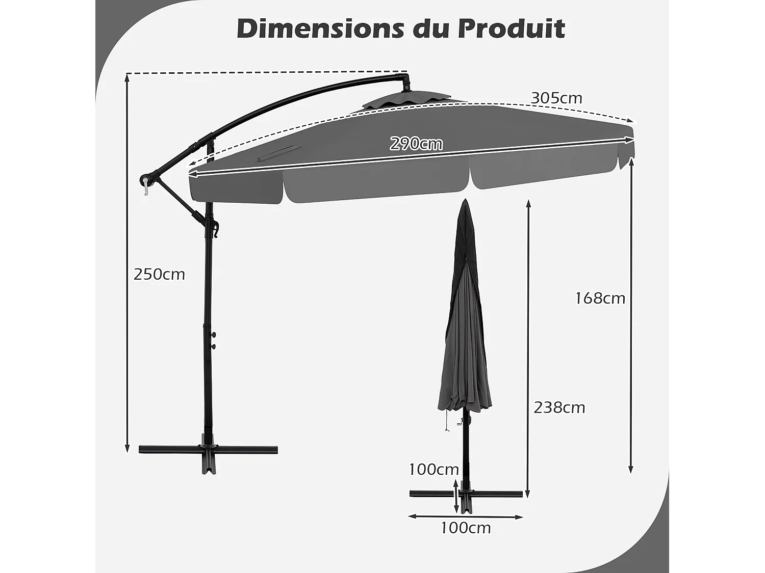 Parasol déporté 2,9x2,9m octogonal, UV, pliable, base croisée, gris