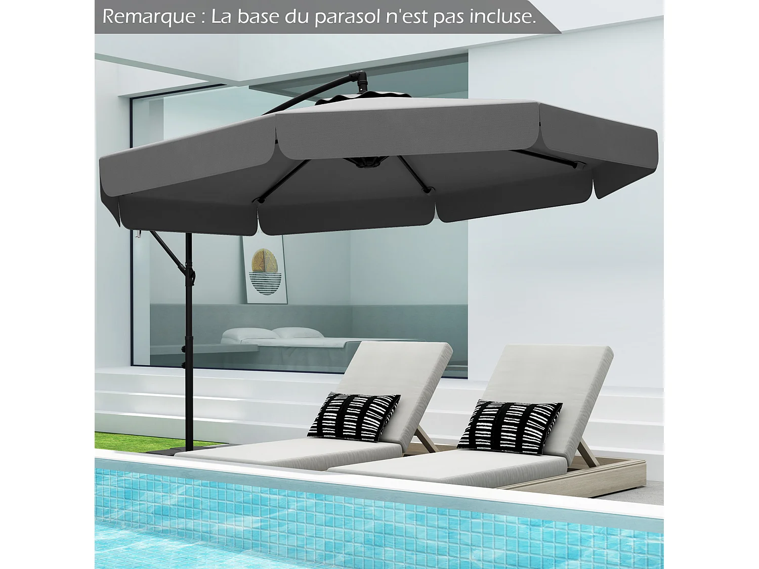 Parasol déporté 2,9x2,9m octogonal, UV, pliable, base croisée, gris