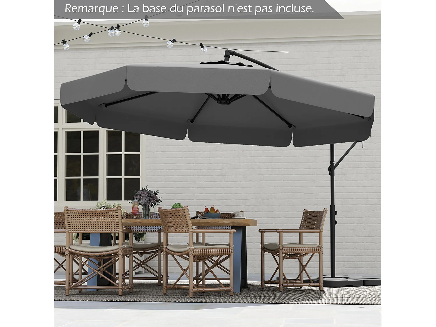 Parasol déporté 2,9x2,9m octogonal, UV, pliable, base croisée, gris