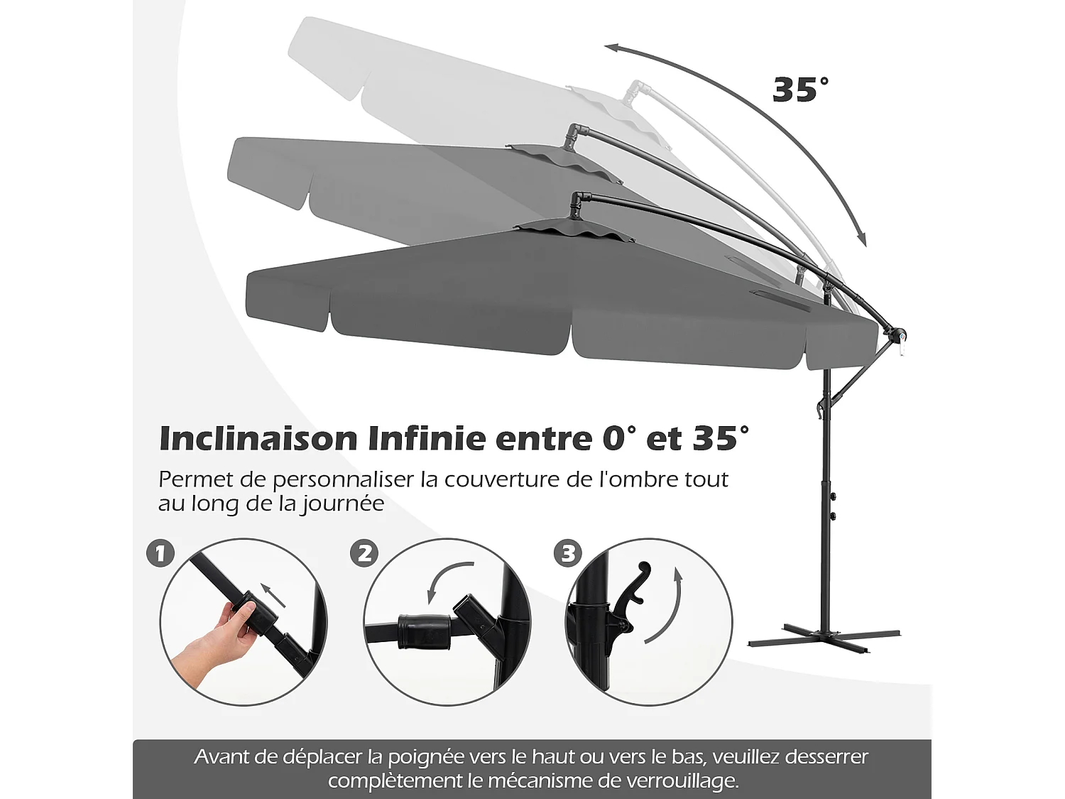 Parasol déporté 2,9x2,9m octogonal, UV, pliable, base croisée, gris