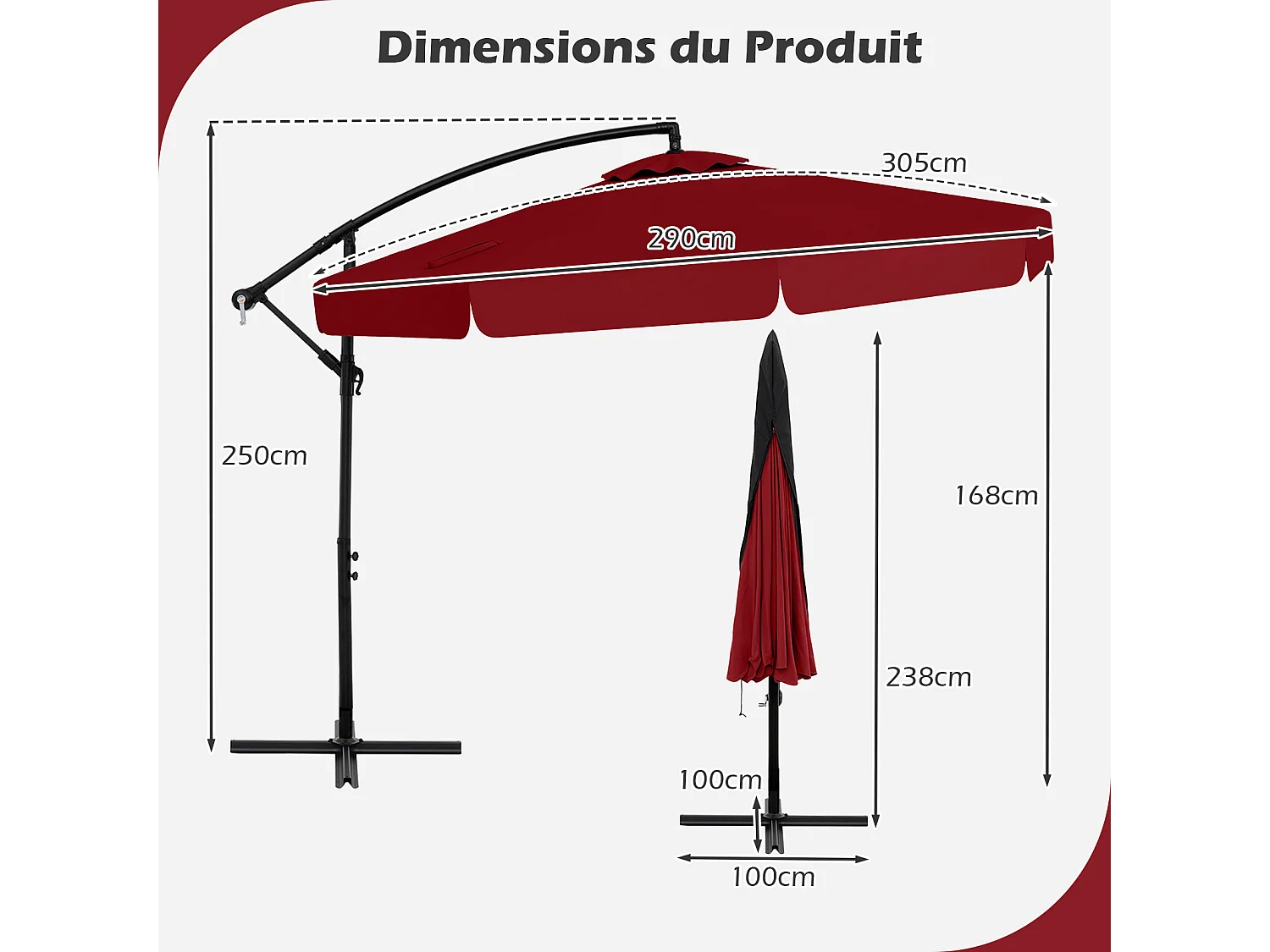 Parasol déporté 2,9×2,9m octogonal, pliable, housse, base croisée, anti‑UV, rouge