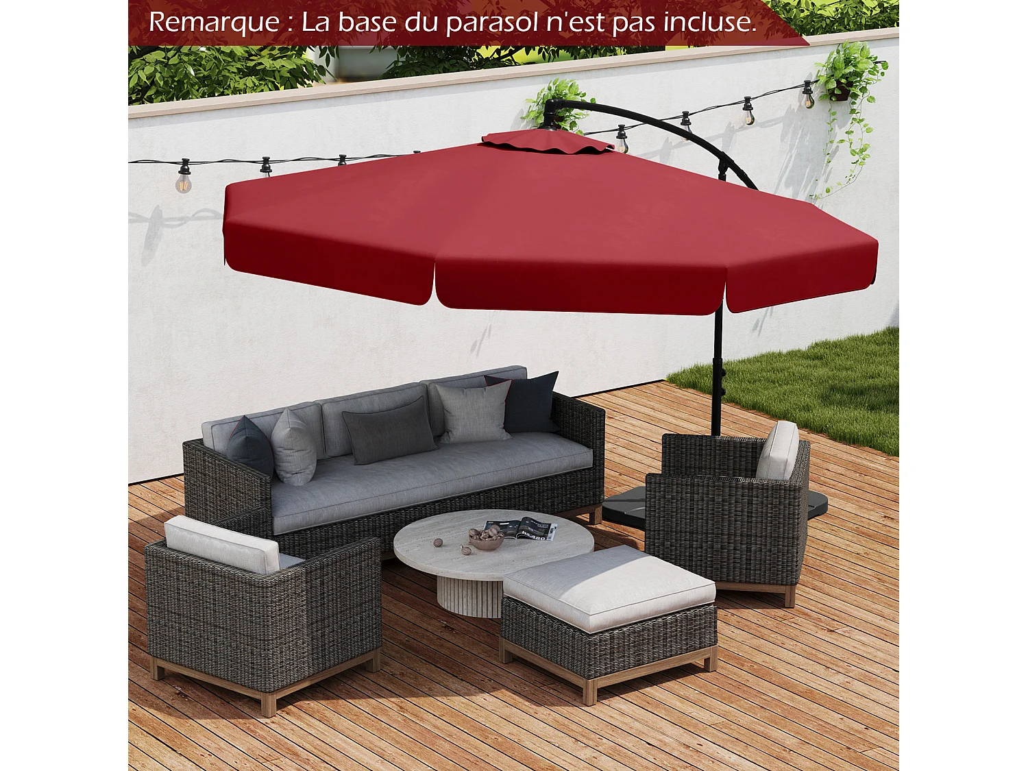 Parasol déporté 2,9×2,9m octogonal, pliable, housse, base croisée, anti‑UV, rouge