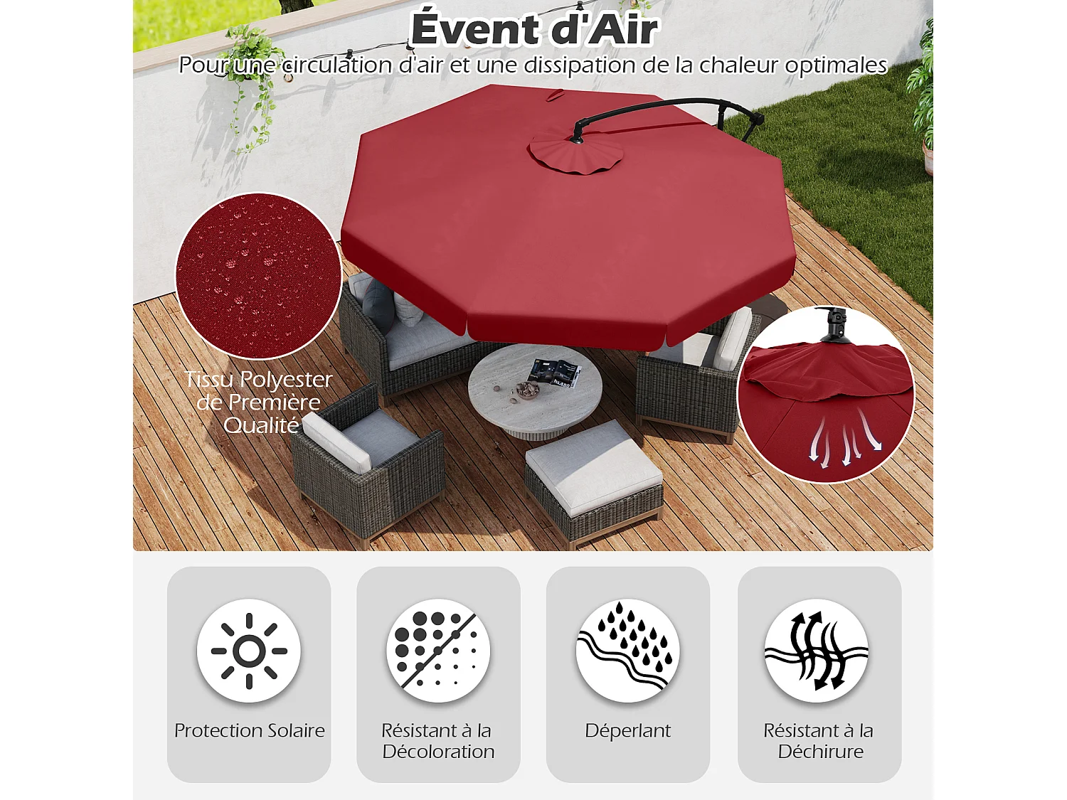 Parasol déporté 2,9×2,9m octogonal, pliable, housse, base croisée, anti‑UV, rouge