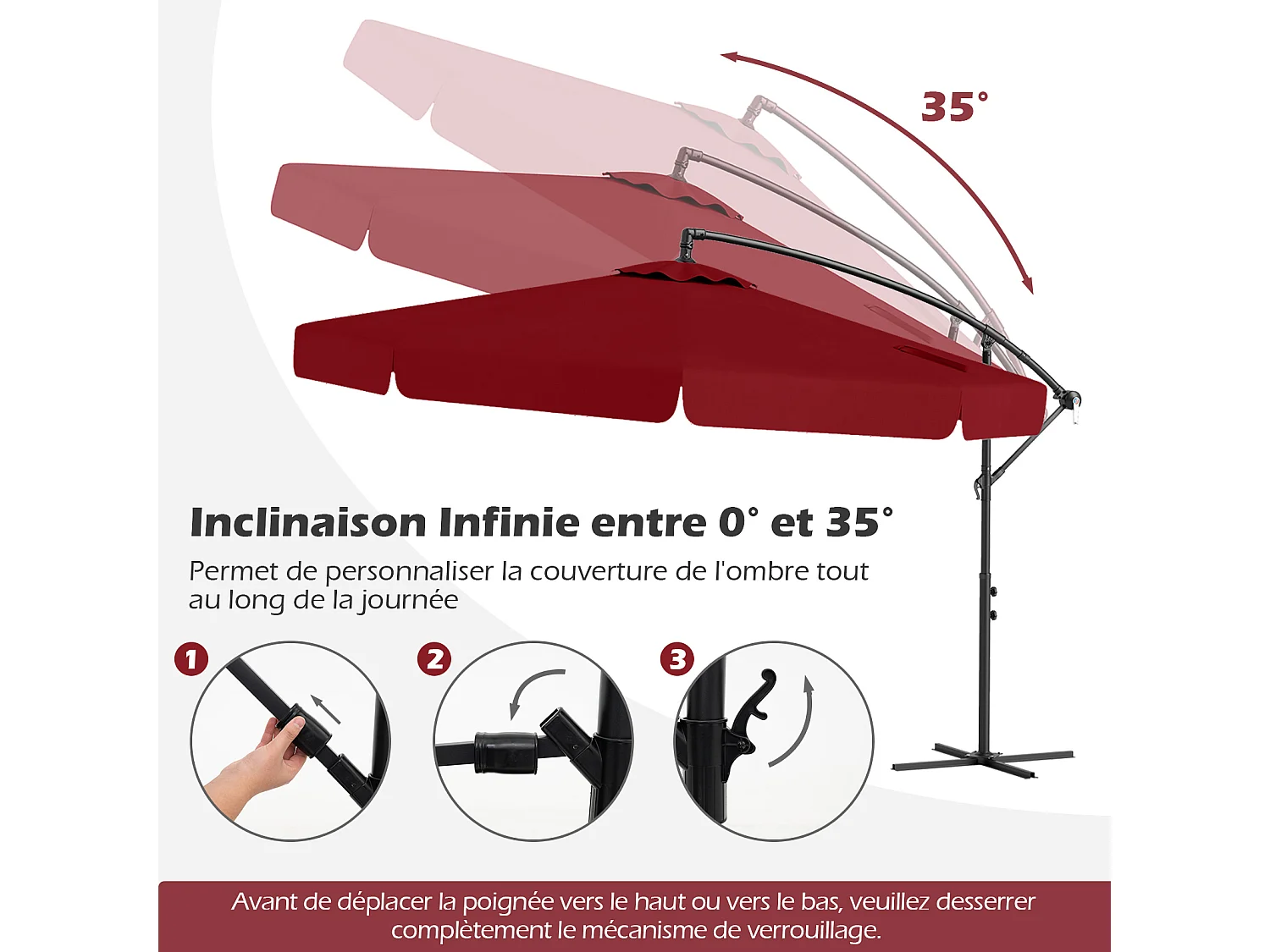 Parasol déporté 2,9×2,9m octogonal, pliable, housse, base croisée, anti‑UV, rouge