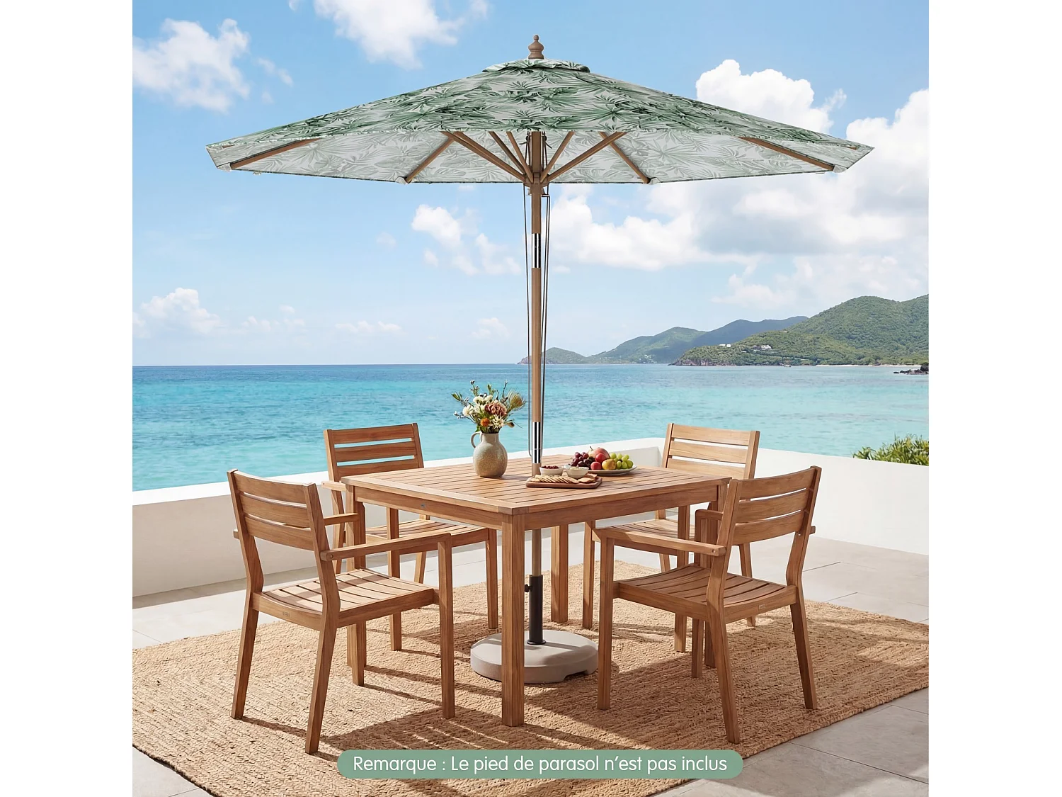 Parasol jardin Ø270cm, poteau bois, 3 hauteurs réglables, 8 baleines, vert