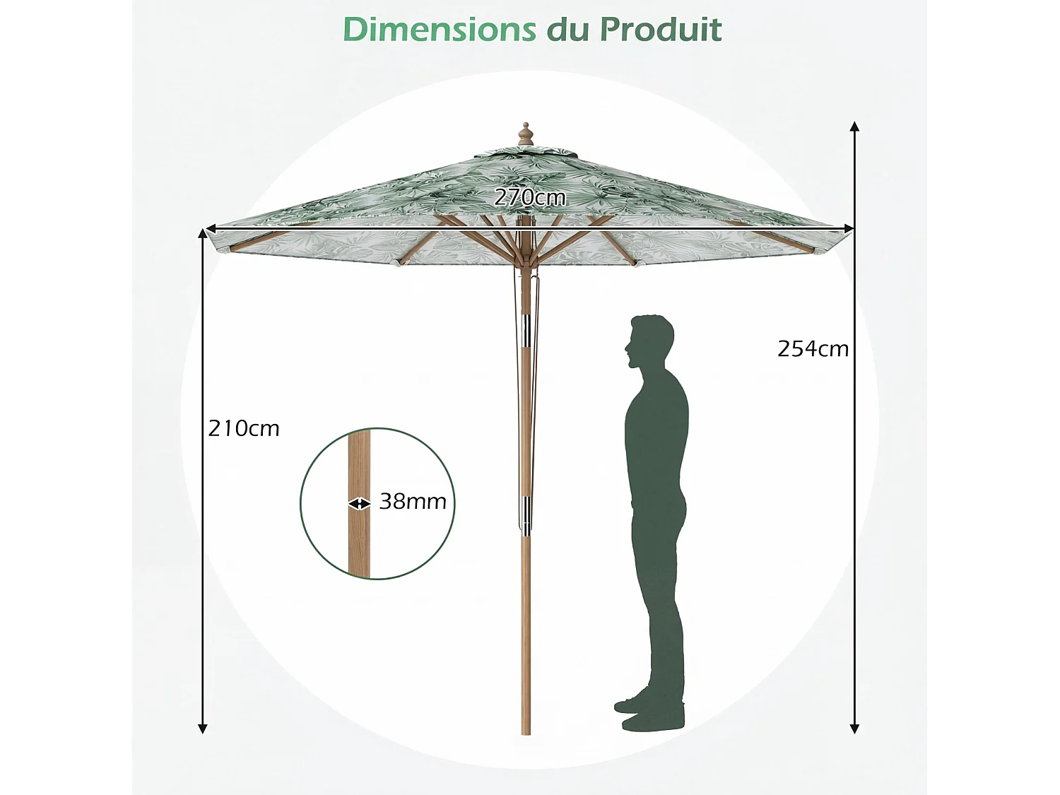 Parasol jardin Ø270cm, poteau bois, 3 hauteurs réglables, 8 baleines, vert