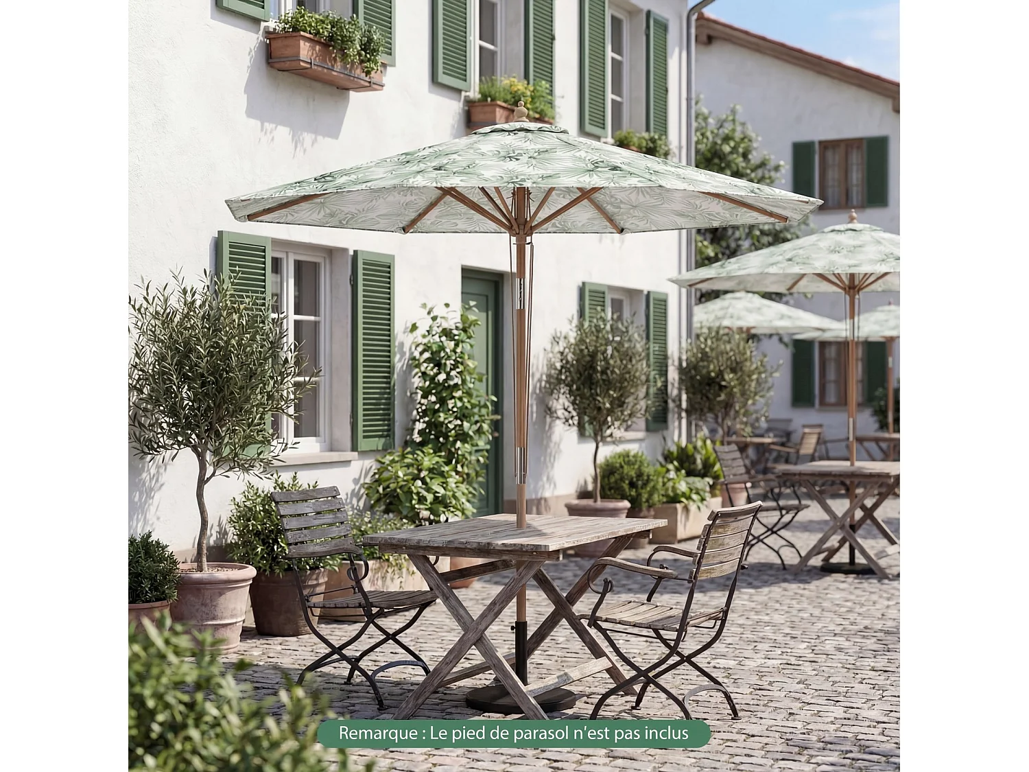 Parasol jardin Ø270cm, poteau bois, 3 hauteurs réglables, 8 baleines, vert