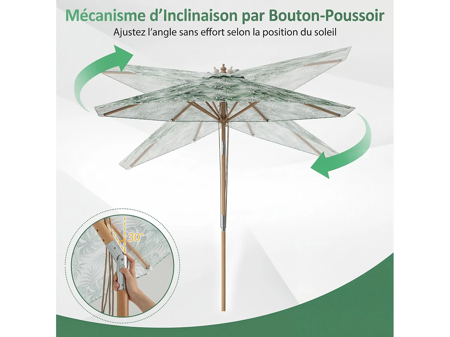 Parasol jardin Ø270cm, poteau bois, 3 hauteurs réglables, 8 baleines, vert