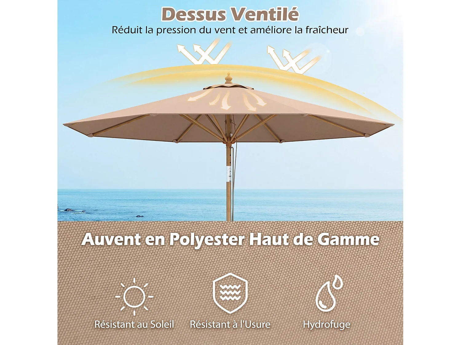 Parasol rond 280cm bambou, inclinable, 8 baleines, hauteur réglable, marron
