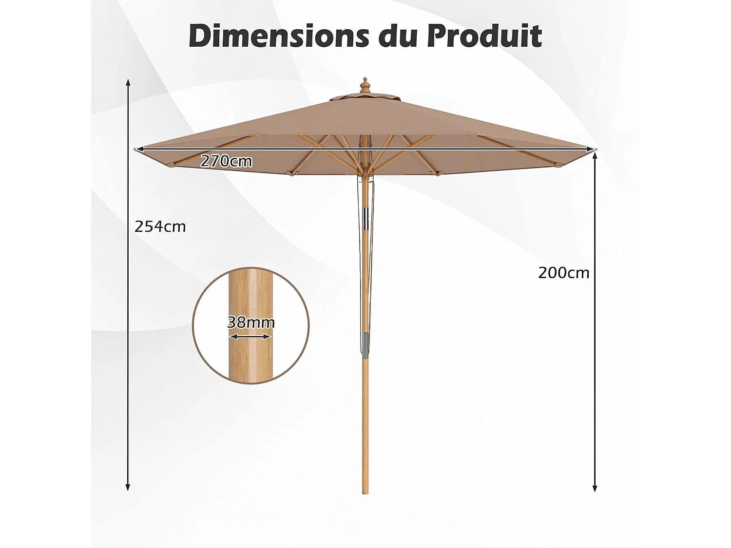 Parasol rond 280cm bambou, inclinable, 8 baleines, hauteur réglable, marron