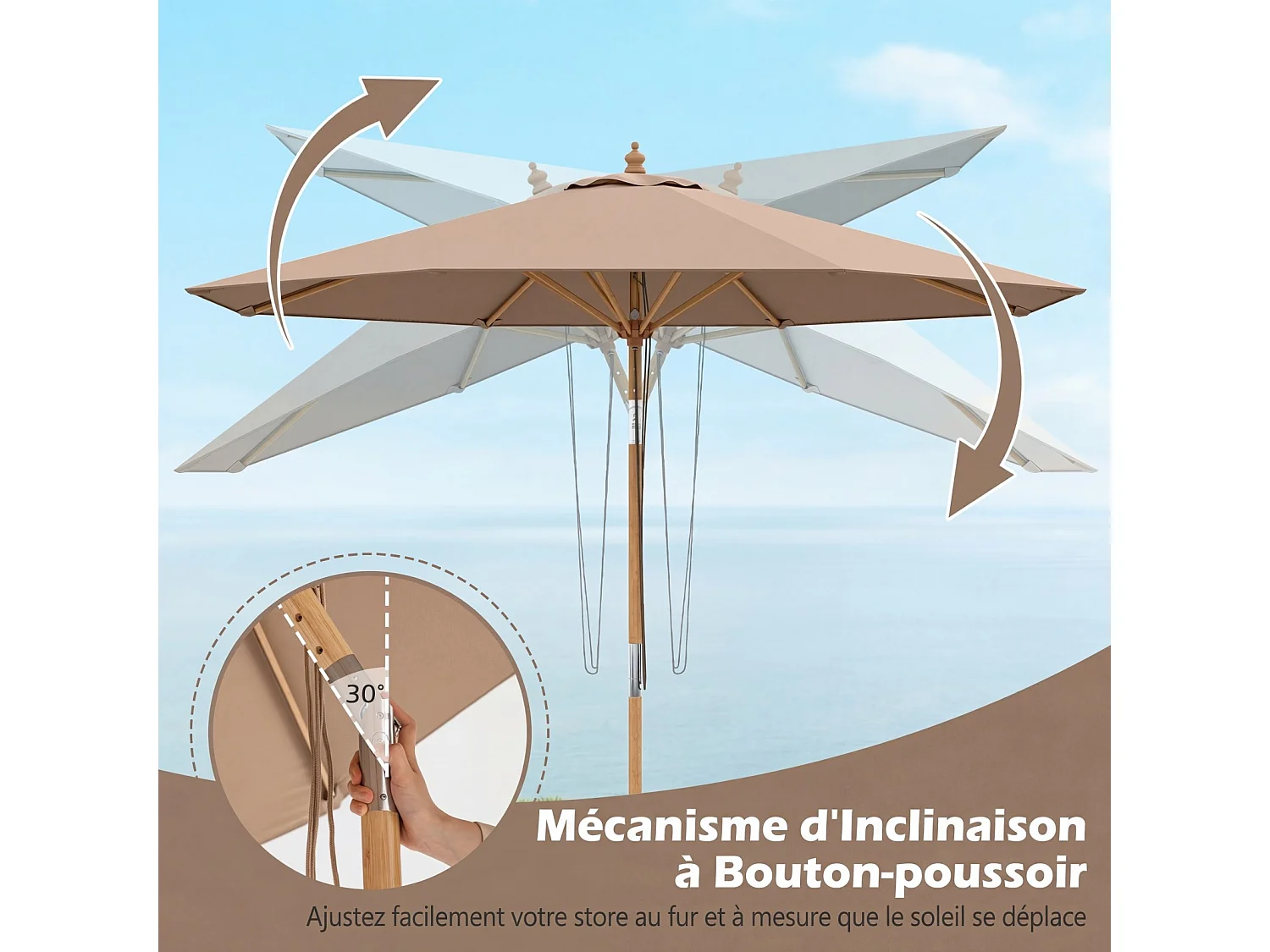 Parasol rond 280cm bambou, inclinable, 8 baleines, hauteur réglable, marron