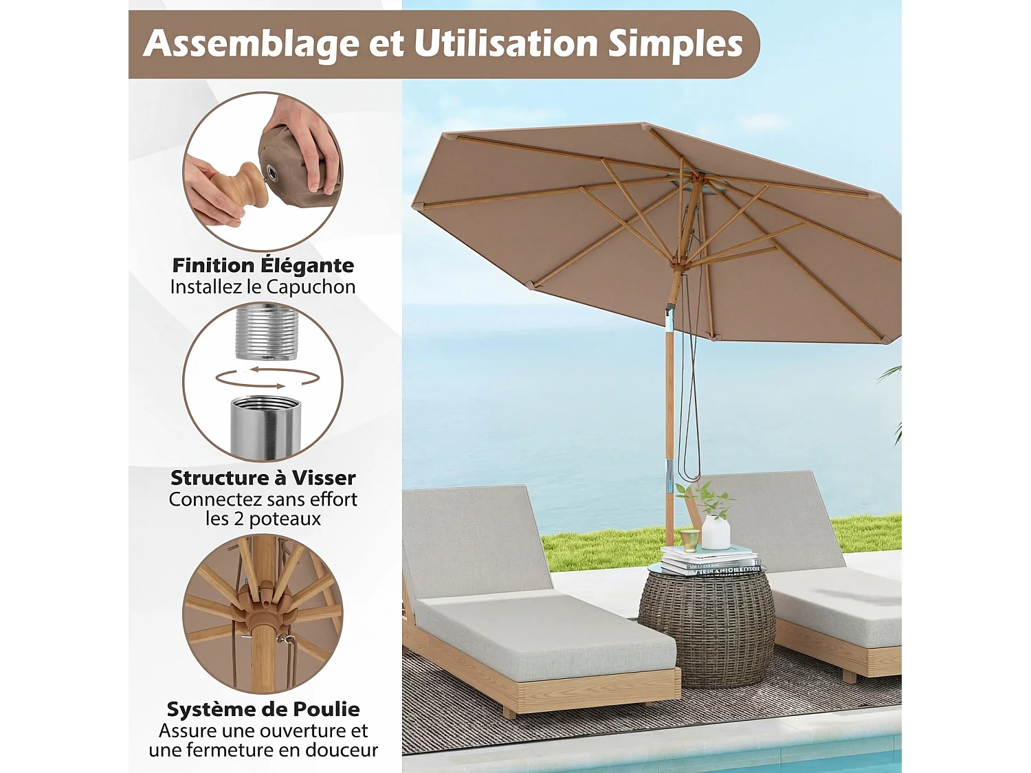 Parasol rond 280cm bambou, inclinable, 8 baleines, hauteur réglable, marron