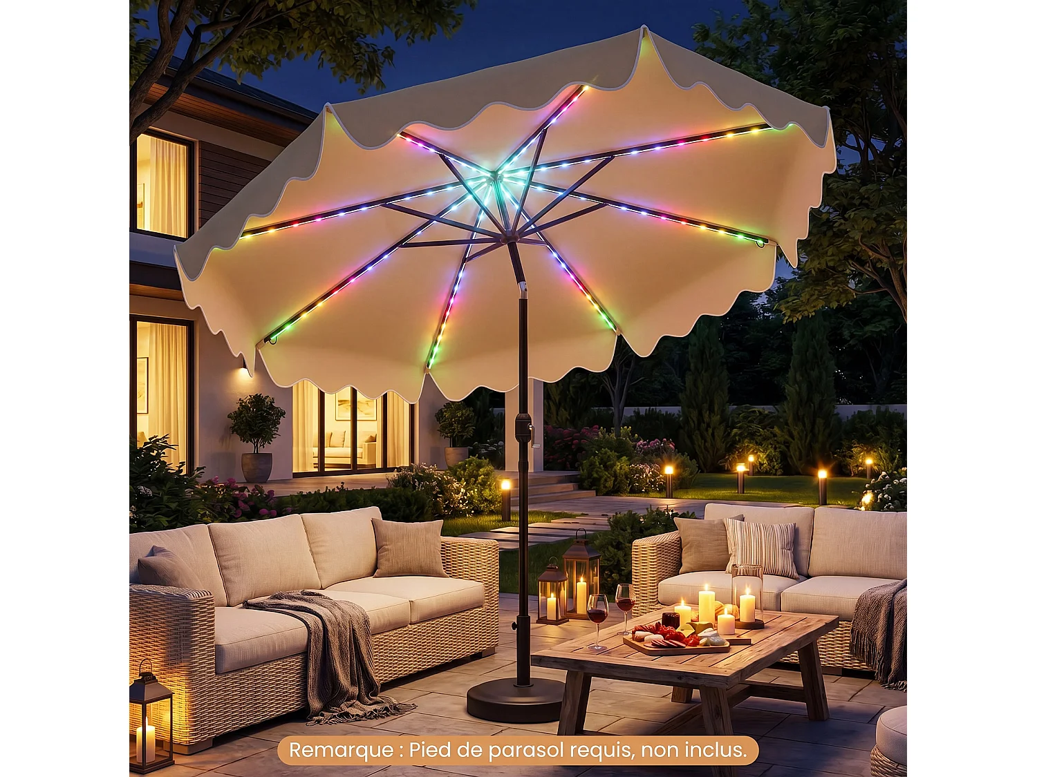 Parasol jardin 2,7m solaire LED multicolores, 8 baleines, manivelle, beige