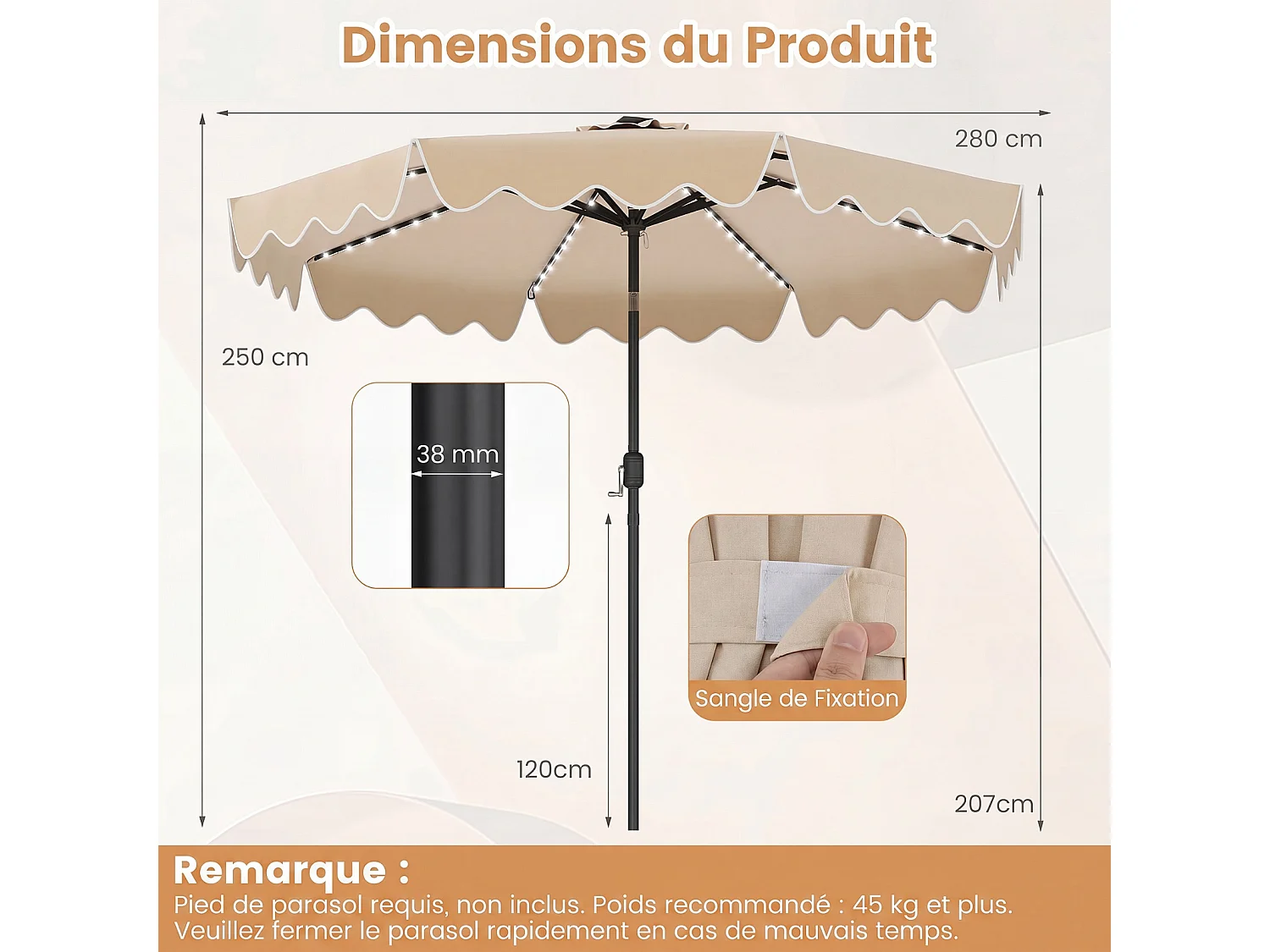 Parasol jardin 2,7m solaire LED multicolores, 8 baleines, manivelle, beige